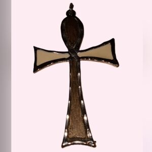 vintage silver-toned ankh cross pendant with wood and cream-colored inlay